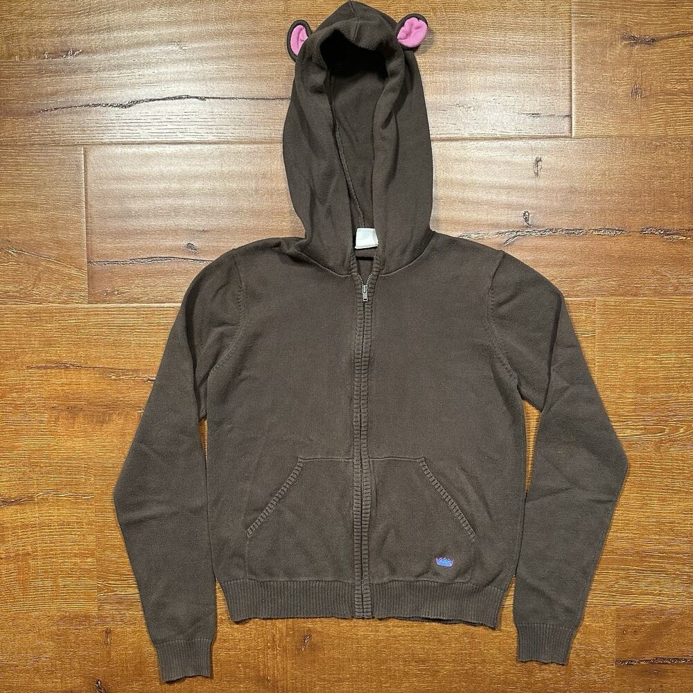 Todd Oldam Crop Hoodie Sweater Womens M Brown Full Zip Mouse Ears Y2K 00s TO2